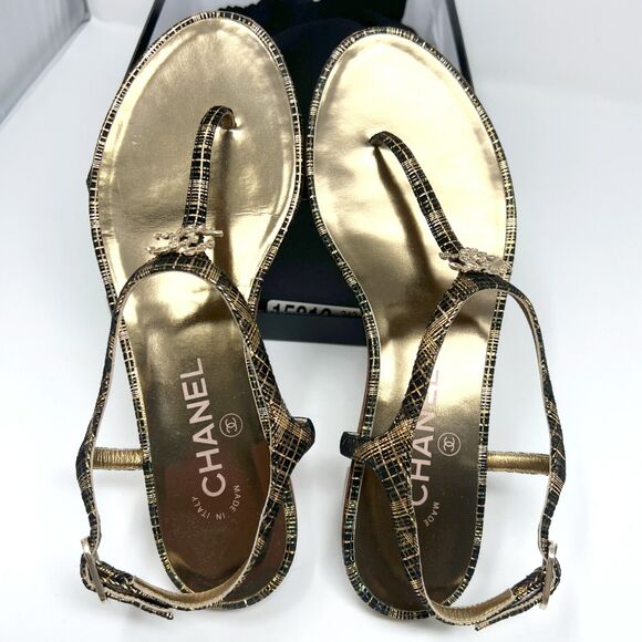 Chanel Black Gold CC Crystal Thong Sandals Size 37C Flat Cruise 2016 - Picture 6 of 10